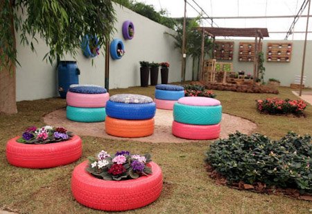 recycled-tires-garden-ideas-stool-flower-bed-wall-decor-colourful