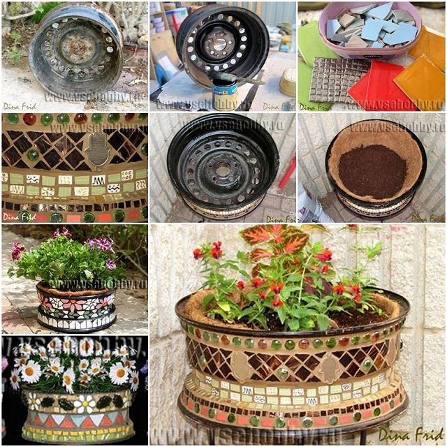 Old Wheel Mosaic Flower Pot