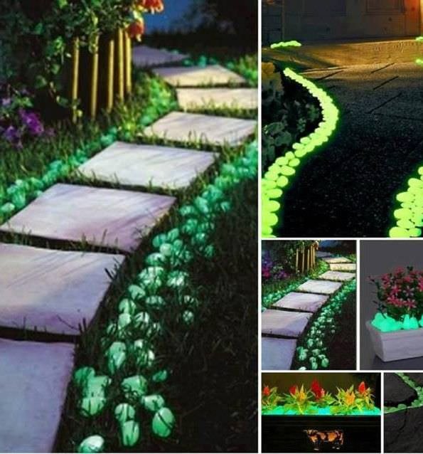 Spray paint pebbles with glow-in-the-dark paint