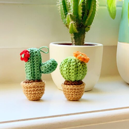 Mini Crochet Cactus Keychain plant near pot