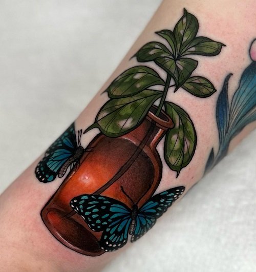 Vase With Butterfly Plant Tattoo Ideas