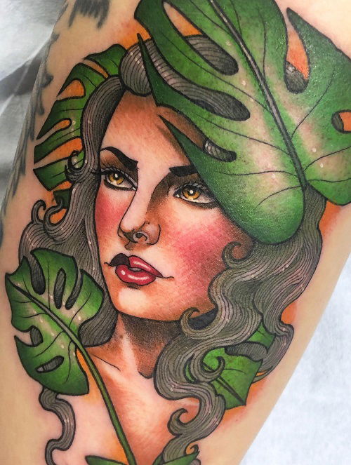 Stunning Monstera Tattoo with Woman tattoo