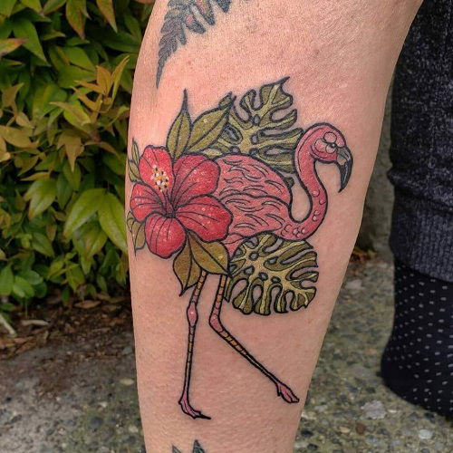 Flamingo and Monstera Leaves Tattoo