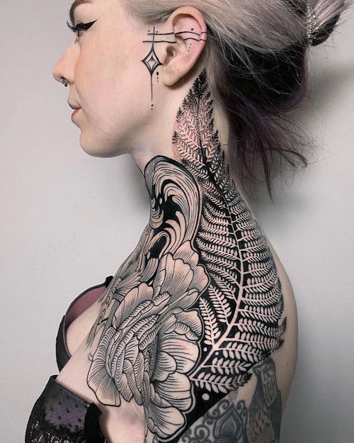 Dark Shoulder fern and Neck Piece tattoo