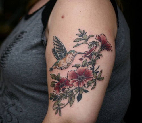 California Hummingbird with Petunias tattoo