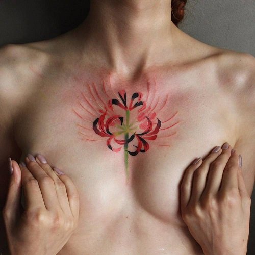 Spider Lily Chest Tattoo for Women