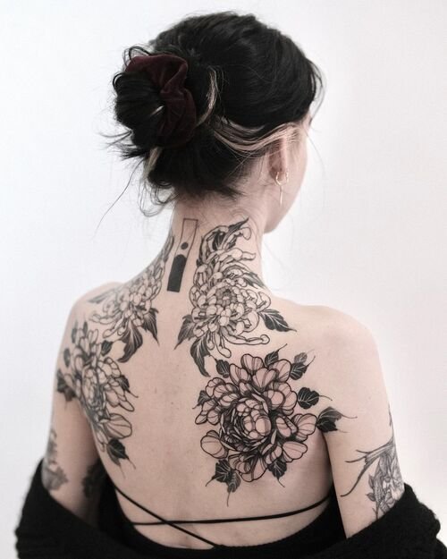 Back Tattoo Piece with Chrysanthemums
