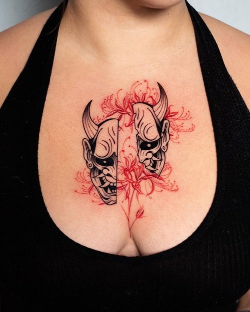 Spider Lily Tattoo with Split Oni Mask