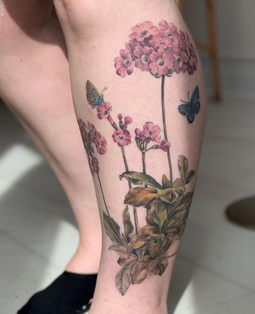 Pink Primroses and Blue Butterflies Tattoo