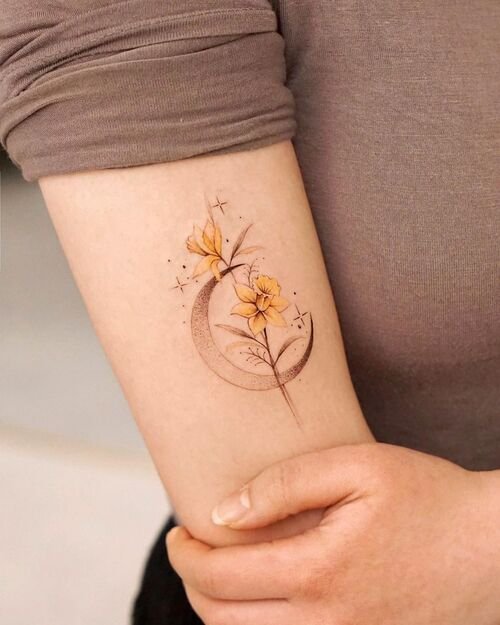 Yellow Narcissus Flower Tattoo with Moon and Stars
