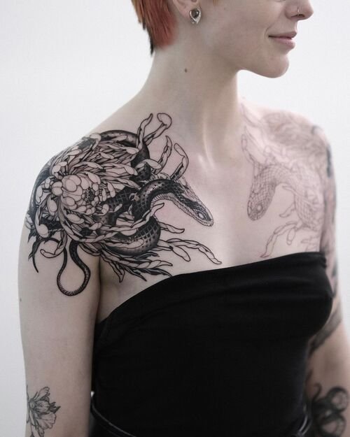Snake and Chrysanthemum tattoo