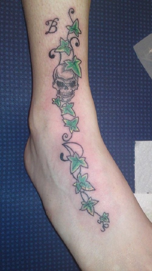 Poison Ivy and Skull on Ankle tattoo