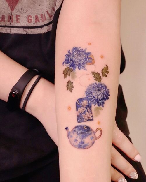 Purple Chrysanthemums and Teapot