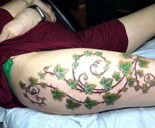 Poison Ivy Tattoo on Thigh