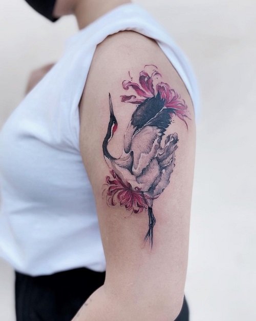 Ink Wash Style Crane and Spider Lily Tattoo