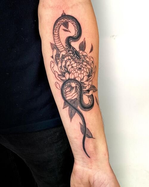 Snake Wrapped Around Chrysanthemum Flower Tattoo