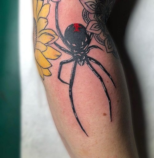 Black Widow with Yellow Flower and Mandala tattoo