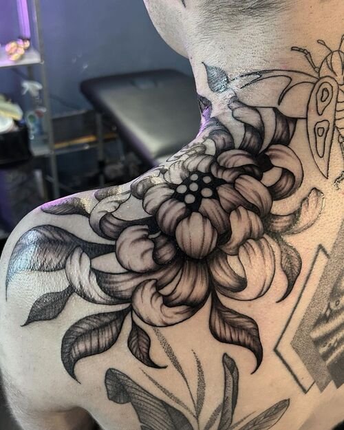 Shaded Chrysanthemum Shoulder Piece tattoo