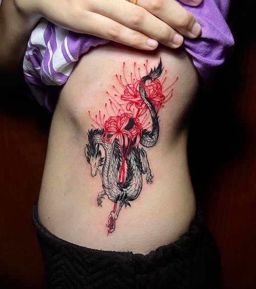 Oriental Dragon with Spider Lily Ink Tattoo 