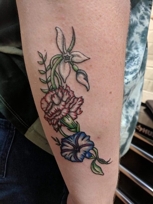 Carnation, Snowdrop, and Morning Glory tattoo