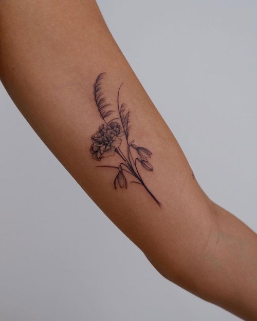 January Birth Flower Tattoo Carnation and Snowdrop Inks with Toetoe