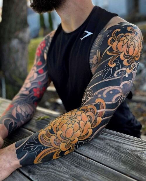 Black and Gold Chrysanthemum Tattoo Arm