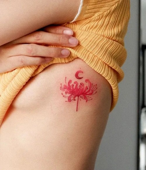 Sideboob Spider Lily Tattoo with Crescent Moon