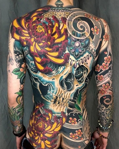 Back Body Art with Chrysanthemums and a Skull