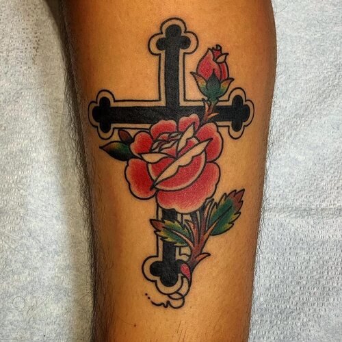 Traditional Rose Flower and Cross Tattoo ideas