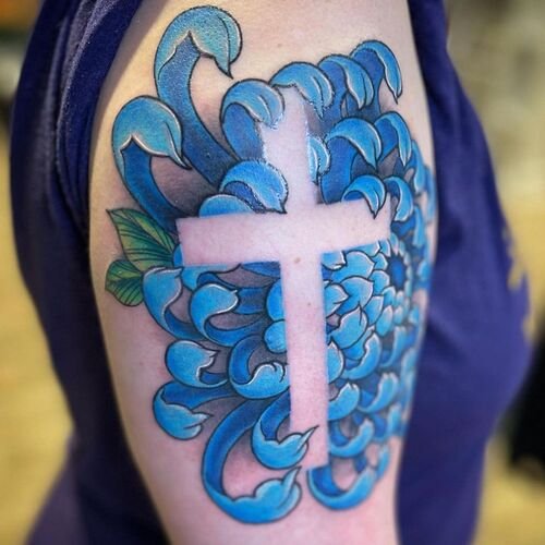 Cross and Blue Chrysanthemum Tattoo 