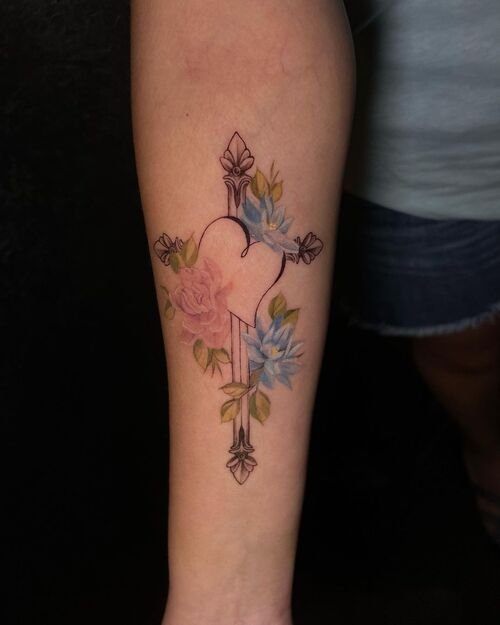 Cross and Heart Surrounded by Flowers tattoo ideas