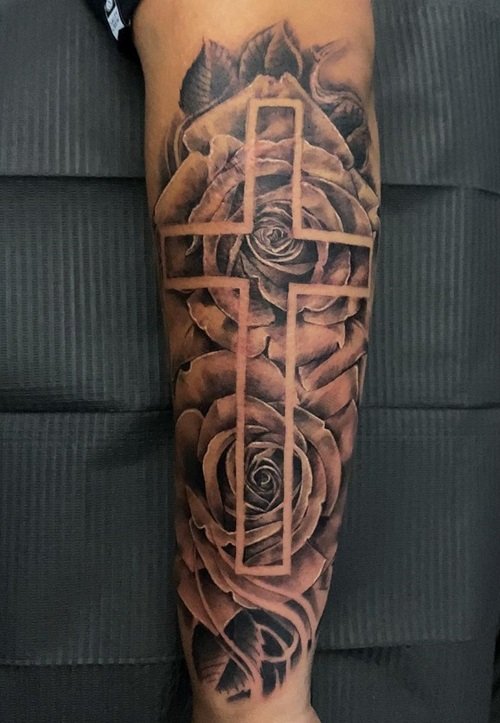 Roses with Negative Outlined Cross Flowers Tattoo 13