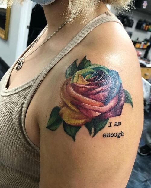 Dark Rainbow Rose with Quote tattoo