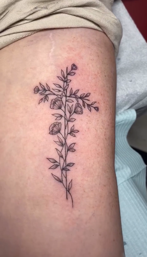 Fine Line Cross and Flowers Tattoo Idea