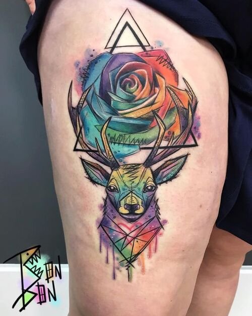 Stag and Rainbow Rose tattoo