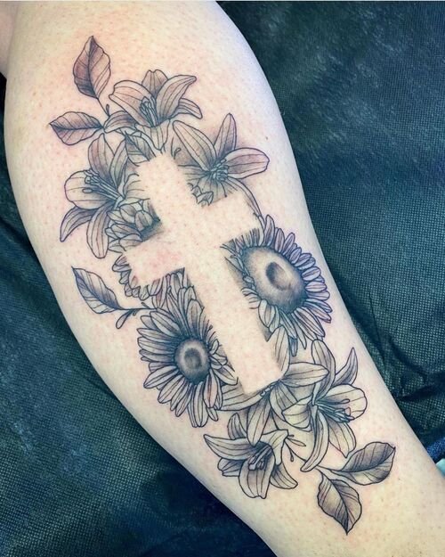 Black and Gray Flowers with Cross Tattoo 19