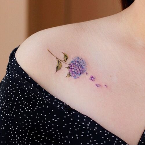 Withering Hydrangea on Collarbone tattoo