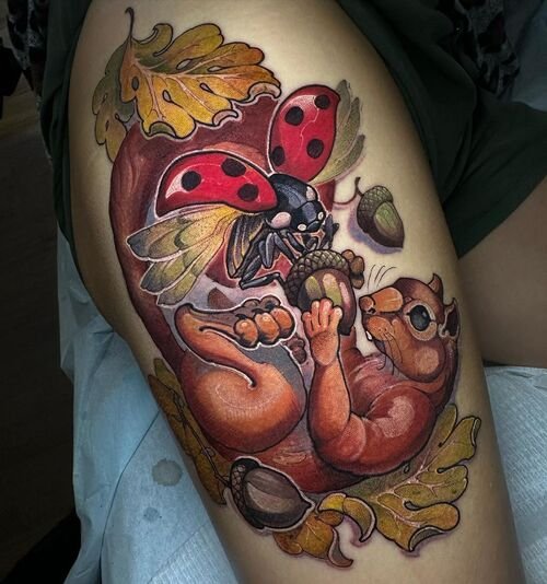 Squirrel Playing with Ladybug Tattoo 21
