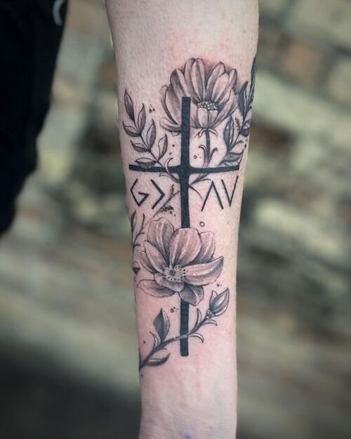 Christian Cross and Flowers tattoo