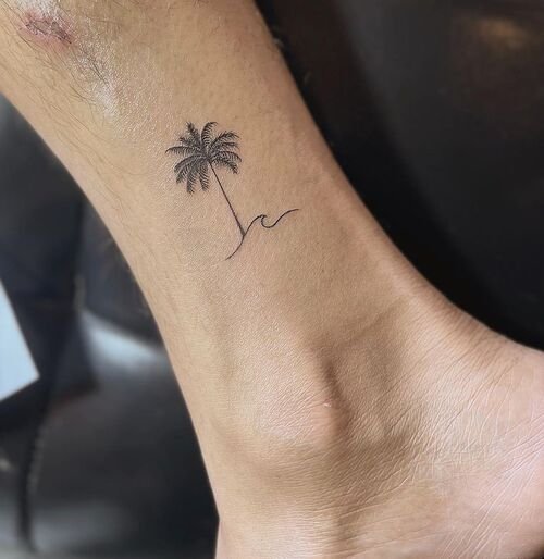 Small Palm Tree and Wave Tattoo Design