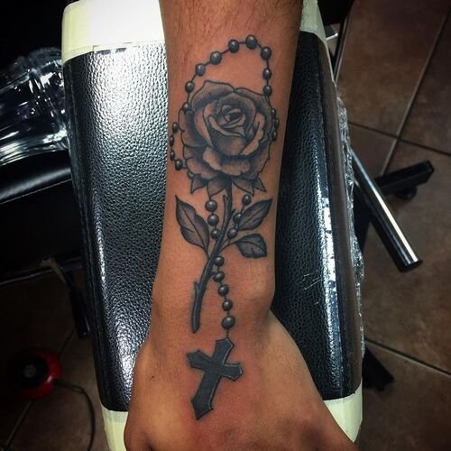 Rose with Rosemary Beads and Cross Tattoo3