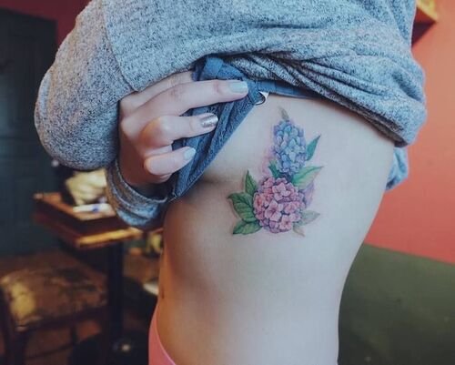 beautiful Hydrangea Sideboob Tattoo