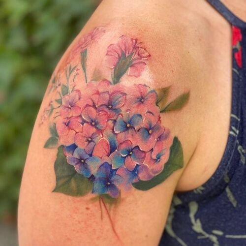 Pink and Blue Hydrangea Tattoo
