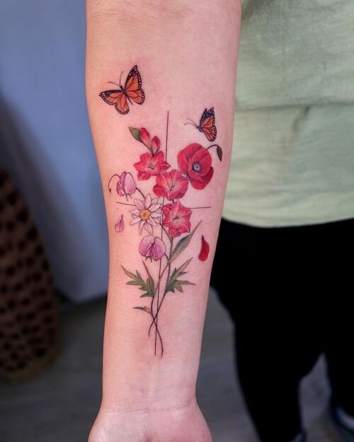 Cross with Flowers and Butterflies Tattoo ideas