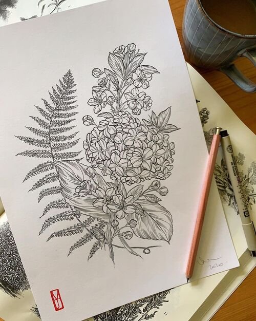 Fern Leaf, Hydrangea, and Cherry Blossom tattoo ideas