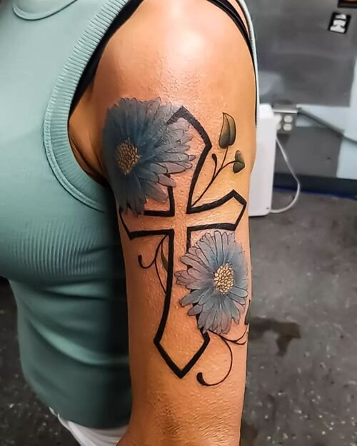 Aster Flowers with Cross tattoo ideas 