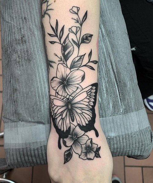 Black and Gray Flowers with Butterfly tattoo