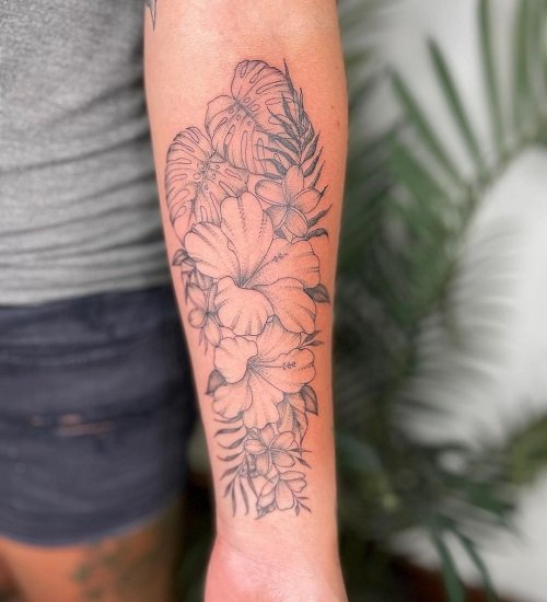 Hibiscus, Plumeria, and Monstera  Tropical Flower Tattoo Ideas 3