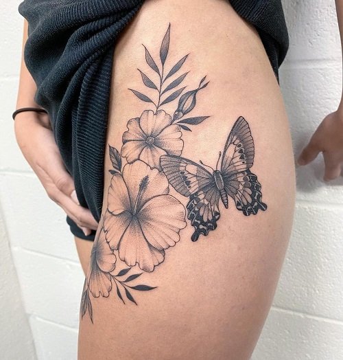 Hibiscus, Wild Rose, Tropical Leaves, and Butterfly  Tattoo 