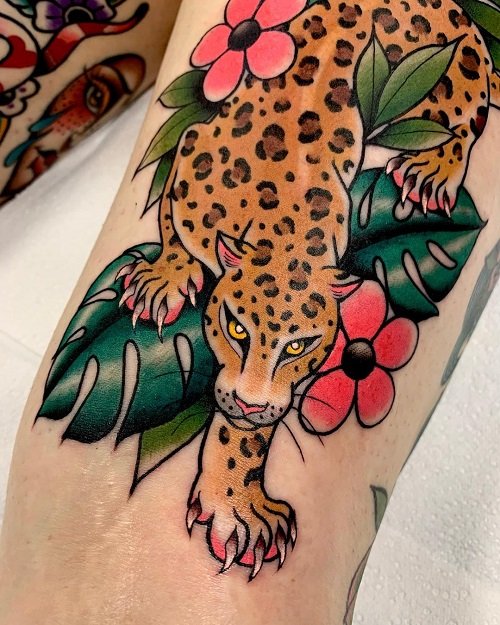 Leopard and Flowers Tattoo Ideas 